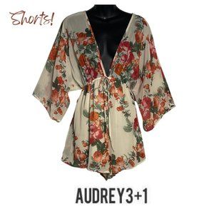 Audrey 3+1🌺 Sheer Floral Romper Shorts Red Orange V Neck Women Large One Piece